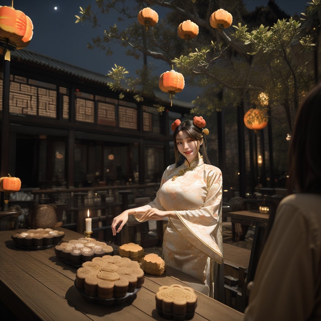 1womanl, 20yr old,((Chinese female celebrity)),The lens is shot from top to bottom,Chinese costumes,Gorgeous,the night,Ancient Chinese architecture,Chinese elements,Wooden dining table,((Mid-Autumn Mooncakes)),candlestick,Candle,lantern,,baifernbah,see_through