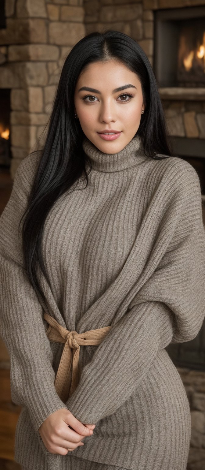 Generate hyper realistic image of a woman with long, straight, black hair that flows smoothly down. She is dressed in a stylish autumn ensemble. She wears a fitted, ribbed, red turtleneck sweater that accentuates her curves, a high-waisted, brown plaid skirt with a slim belt at the waist and thigh-high stockings. She stands gracefully with a slight tilt of her head. Her hands are relaxed by her sides, and she looks directly at the viewer with large, expressive eyes. The background is a cozy indoor setting during the autnum season with a warm fireplace.