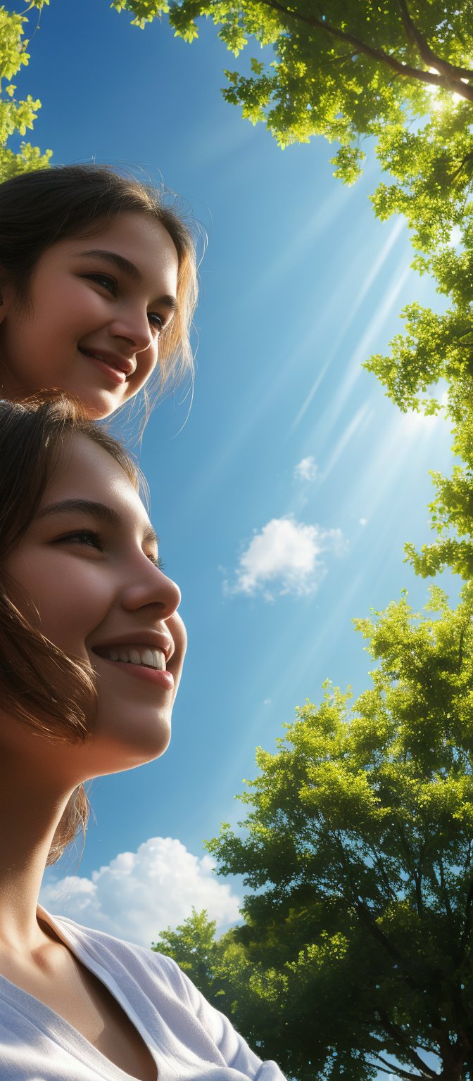 Masterpiece, top quality, high definition, artistic composition, 1 girl, upper body, composition from below, smiling, cotton shirt, looking at me, blue sky, sunlight through trees, casual, portrait, warm, reaching out