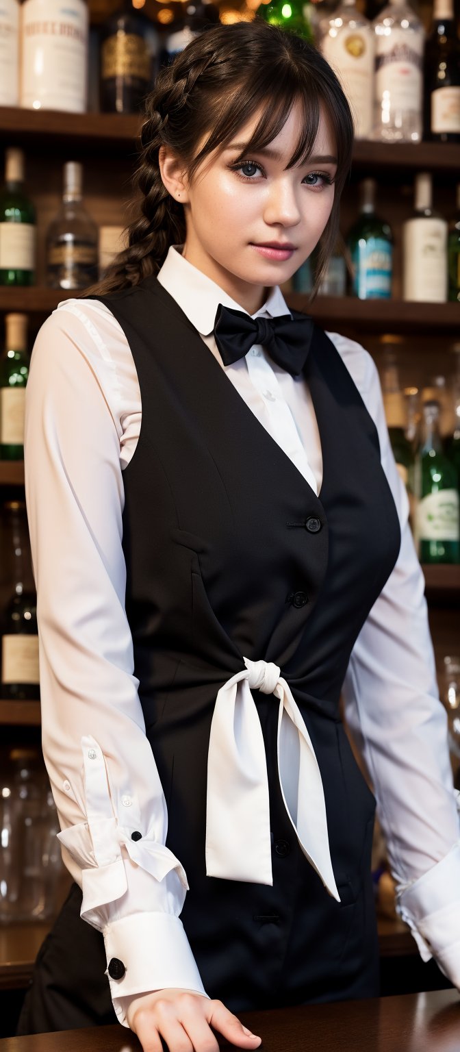 1girl, solo, long hair, looking at viewer, bangs, blue eyes, shirt, long sleeves, bow, hair between eyes, sitting, very long hair, white shirt, braid, blonde hair, parted lips, striped, collared shirt, indoors, bowtie, vest, cup, black bow, bottle, alcohol, sleeves rolled up, drinking glass, black vest, black bowtie, bar \(place\), counter, bartender. Professional style, detailed image, detailed skin, blush extremely beautiful woman, masterpiece quality, light particles, attractive image.