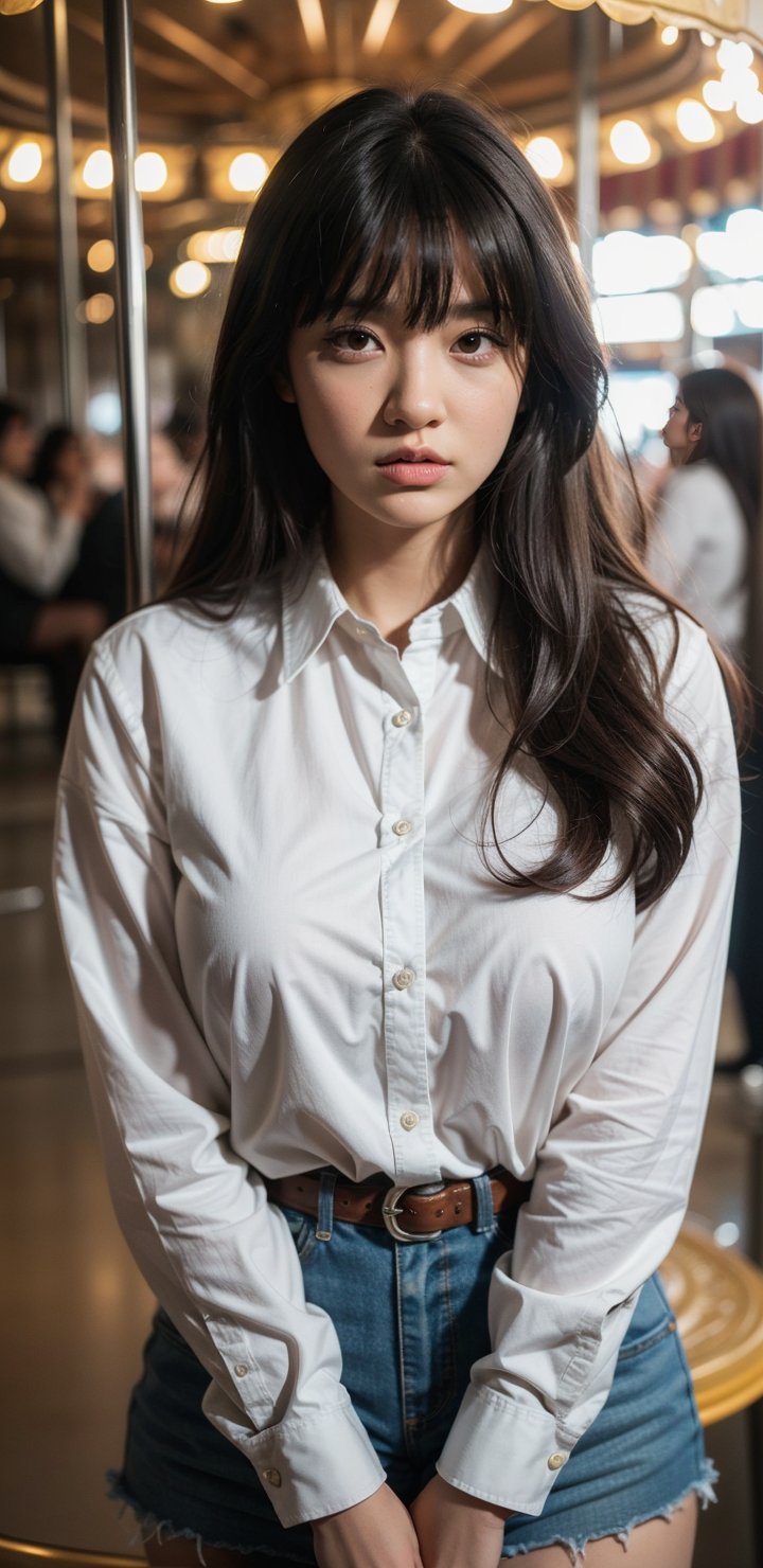 background is amusement park,
18 yo, 1 girl, beautiful chinese girl,
wearing white collared long sleeve shirts,short pants, smile,riding a merry-go-round, solo, {beautiful and detailed eyes}, dark eyes, calm expression, delicate facial features, ((model pose)), Glamor body type, (dark hair:1.2), very_long_hair, hair past hip, bangs, straight hair, flim grain, realhands, masterpiece, Best Quality, 16k, photorealistic, ultra-detailed, finely detailed, high resolution, perfect dynamic composition, beautiful detailed eyes, eye smile, ((nervous and embarrassed)), sharp-focus, full_body, cowboy_shot,