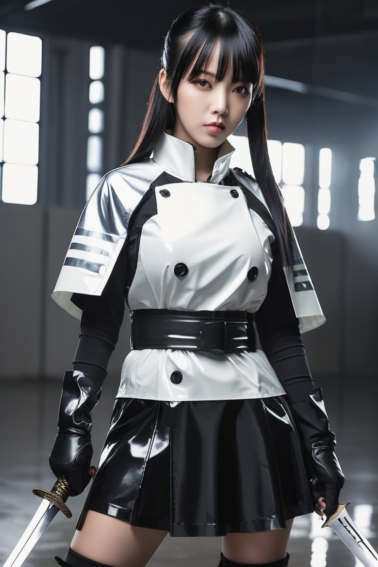 white marble background with reflections, woman holding a sword with her right hand, the sword passes behind the woman, left hand extended with the palm open, she is wearing a latex raincoat, half white, half black, cinched with a black and white belt, latex stockings up to mid-thigh, skirt opening, trench coat with short sleeves and wearing apretados latex gloves all over her arm. straight hairstyle black hair with bangs, , , , , ,xuer ai yazawa style girl,techwear jacket,black gloves,tactical ve,Samurai girl, , , ( lighting, dim lighting:1.2), simple background, LIGHT background, ,jisoo, , , 
