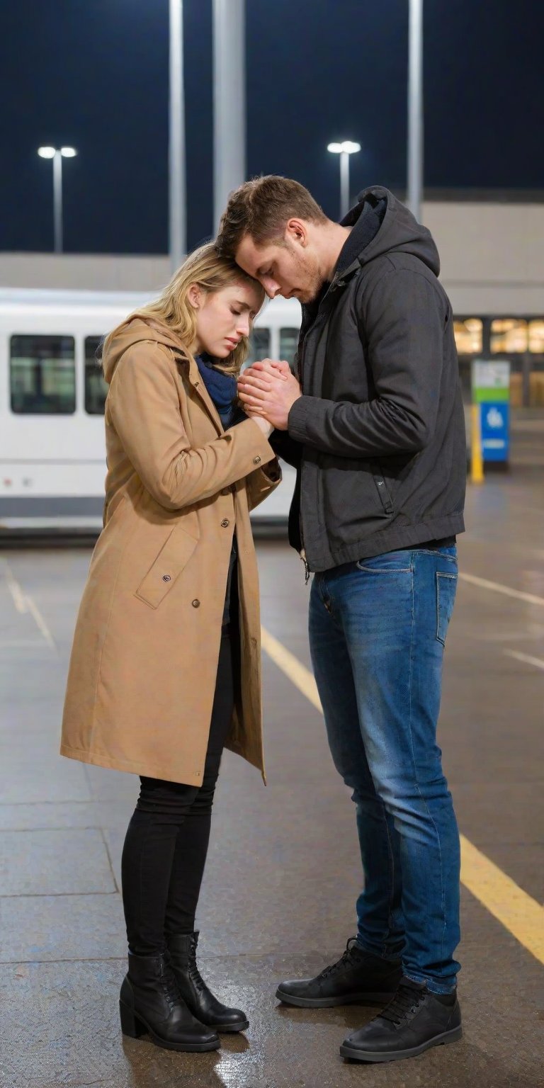 masterpiece, best quality, the young man and the girl are very much in love with each other, they are both 28 years old. The man is about to break up with his lover at the intercity bus terminal at night, extremely sad and emotional scene, the image taken from the external perspective with their hands being separated from each other, the woman who is alone, delete, rain, terminal crowd, drenched, professional professionalism, distorted, both, facing the audience, seen to the viewer, live 8k, ultra realistic, night, upper body, photo r3al, shooting star, photo r3al