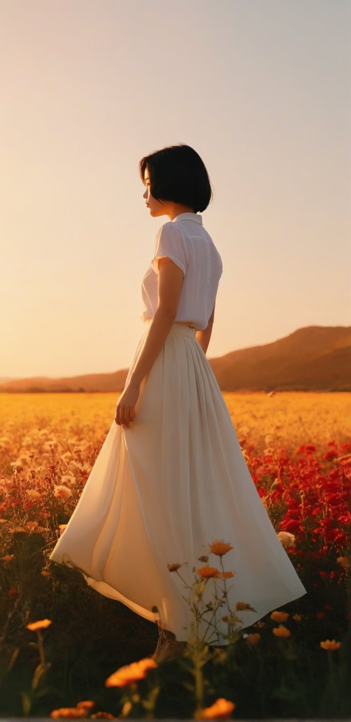 1girl, solo, short hair, black hair, White long skirt,whole body, flower, redscale, profile,sunset,movie mood,Beautiful