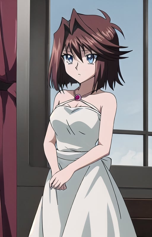 Tea gardner yugioh dsod hair brown long dress black ,  blue eyes 