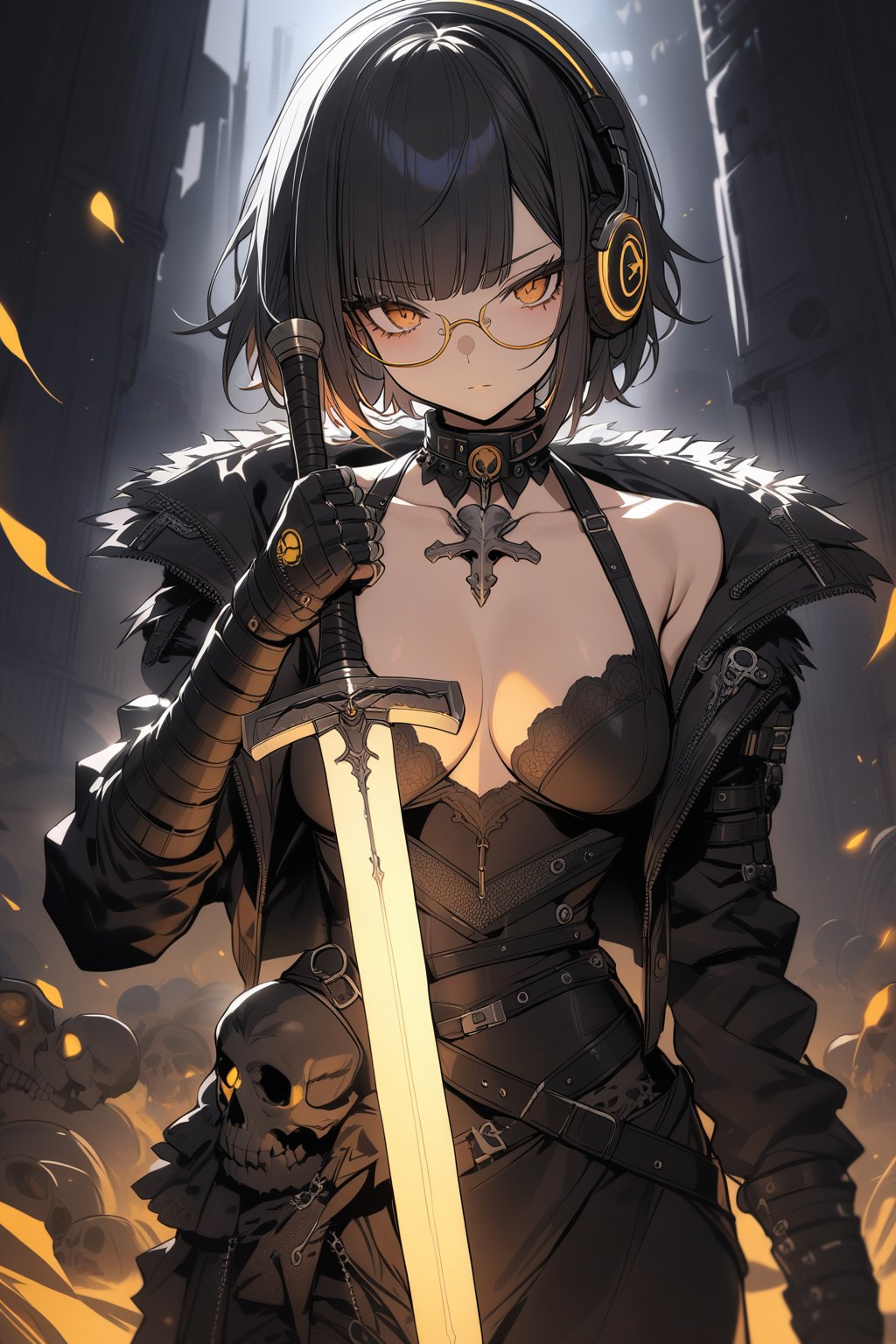 Masterpiece, best quality, extremely detailed, Gothicpunk, girl, Black and White, warrior, holding glowing sword, (((yellow under-rimmed glasses:1.3))), short hair, blunt bangs, headphone, medium breasts, clavicle, cleavage, skull and crossbones background, 