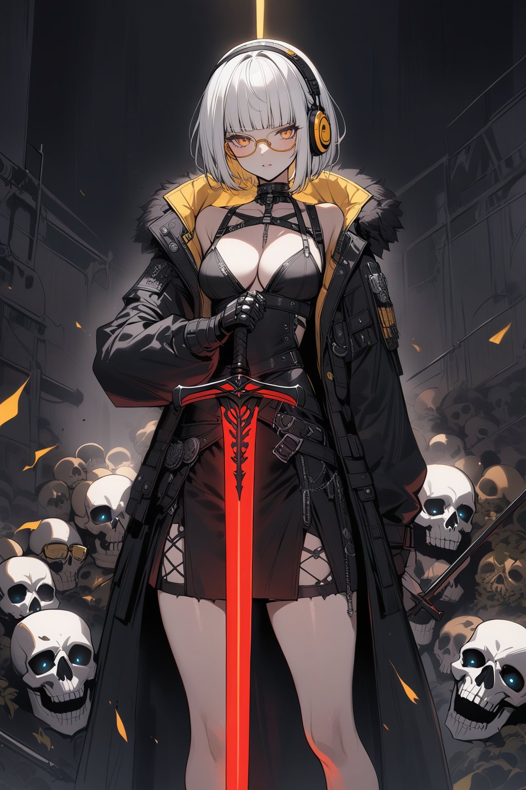 Masterpiece, best quality, extremely detailed, Gothicpunk, girl, Black and White, warrior, holding planted glowing  red Sword, (((yellow under-rimmed glasses:1.3))), short hair, blunt bangs, headphone, medium breasts, clavicle, cleavage, Standing in honor, skull and crossbones background, 