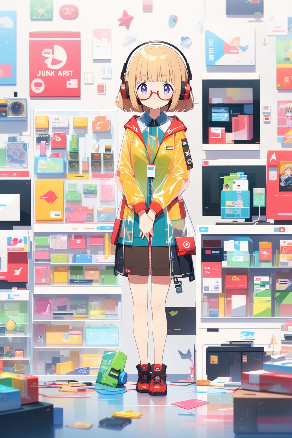 junk art, (extremely detailed fine touch:1.3), (((semi-rimless eyewear:1.3))), (headphone:1.2), short hair, blunt bangs, 1 girl, shirt, full body, own hands together, plastic, Transparent clothes, Electronics Store