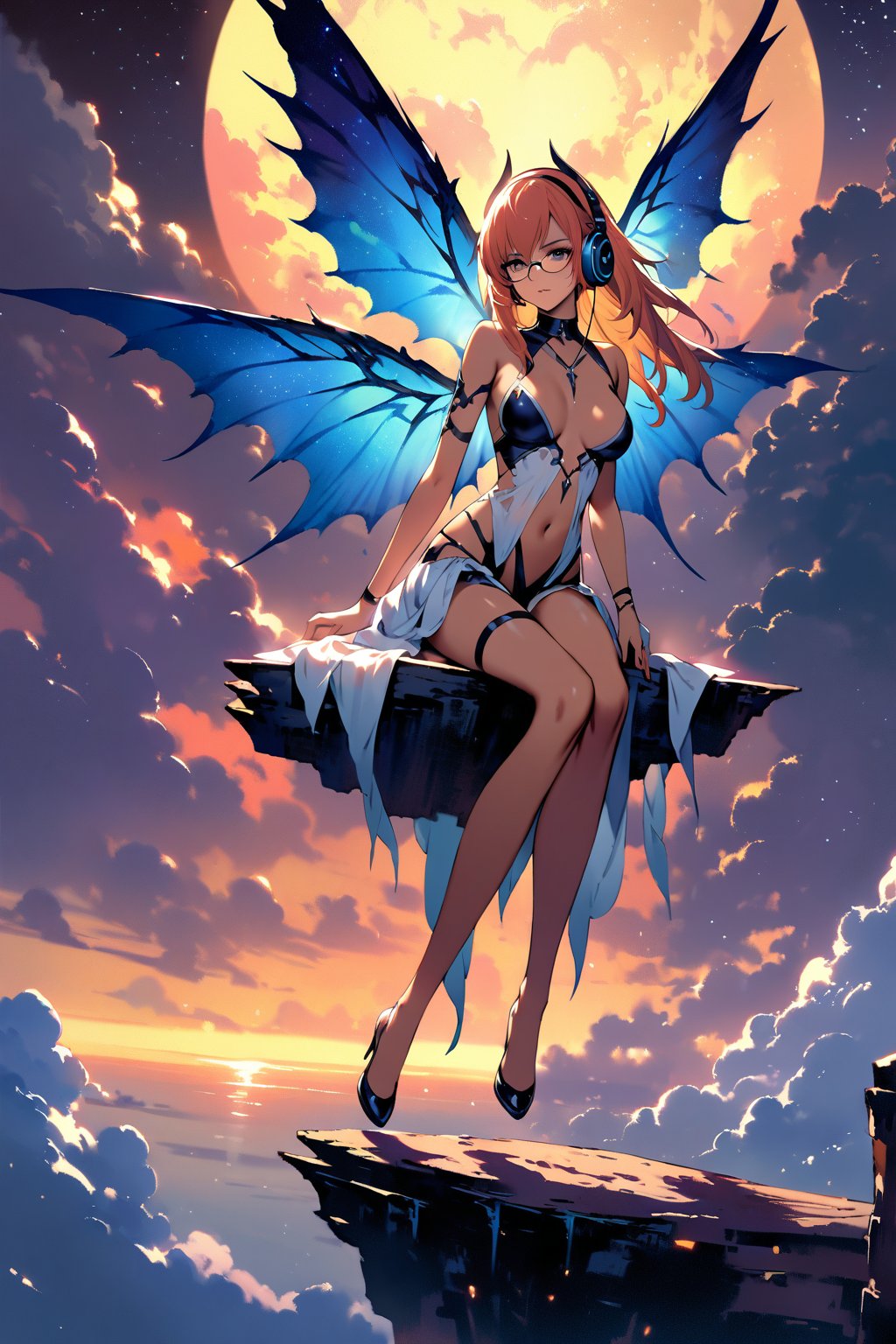 ((top-quality)), ((​masterpiece)), ((ultra-detailliert)), (extremely delicate and beautiful), detailed background, 1girl, solo,  (((yellow under-rimmed glasses:1.3))), (headphones:1.0),alluring succubus, ethereal beauty, perched on a cloud, (fantasy illustration:1.3), enchanting gaze, captivating pose, delicate wings, otherworldly charm, mystical sky, (Luis Royo:1.2), (Yoshitaka Amano:1.1), moonlit night, soft colors, (detailed cloudscape:1.3), (high-resolution:1.2)