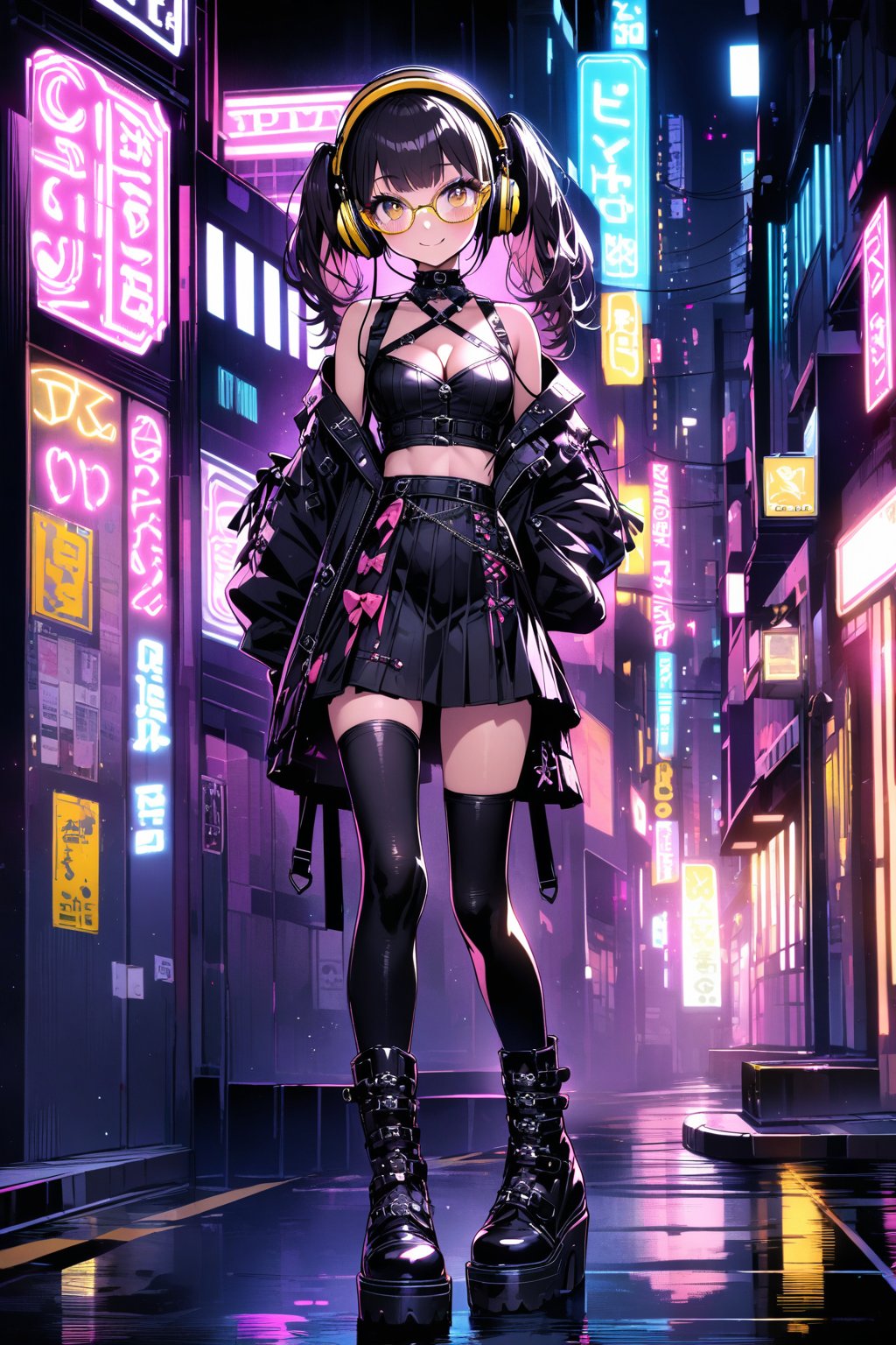 extremely detailed fine touch, 2D, girl, solo, very short black twintails hair, (((yellow underrim glasses:1.3))), (headphones:1.2), blush, smile, standing on the road, perfect anatomy, in the urban area, tokyo (city), at night, neon lights on the background, eyelashes, clavicle, cleavage, midriff, wearing the jirai-kei pink fashion, black mask, black leggings, black boots, high-detailed skin,jirai kei, black skirt,