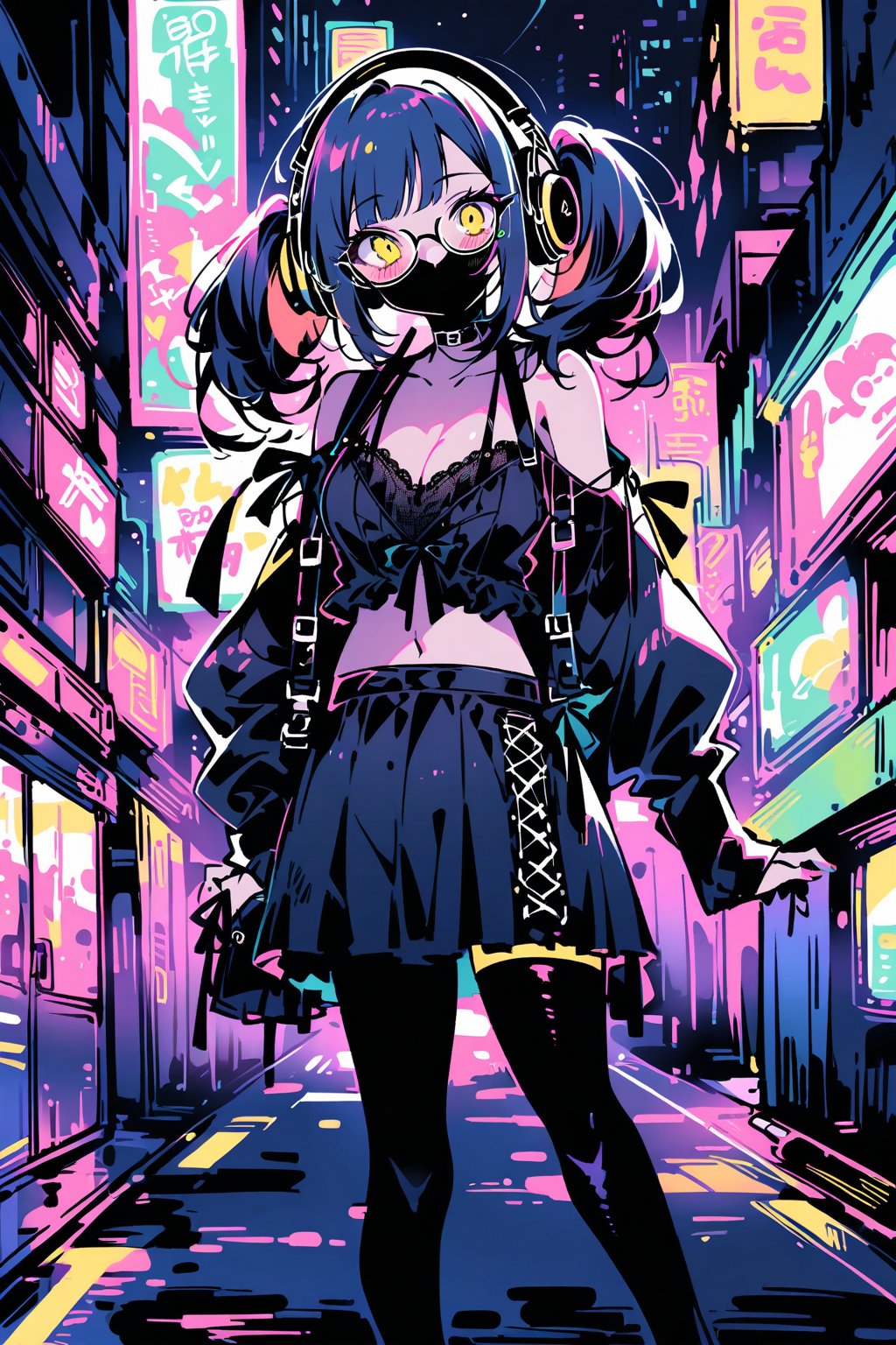extremely detailed fine touch, 2D, girl, solo, very short black twintails hair, (((yellow underrim glasses:1.3))), (headphones:1.2), blush, smile, standing on the road, perfect anatomy, in the urban area, tokyo (city), at night, neon lights on the background, eyelashes, clavicle, cleavage, midriff, wearing the jirai-kei pink fashion, black mask, black leggings, black boots, high-detailed skin,jirai kei, black skirt,