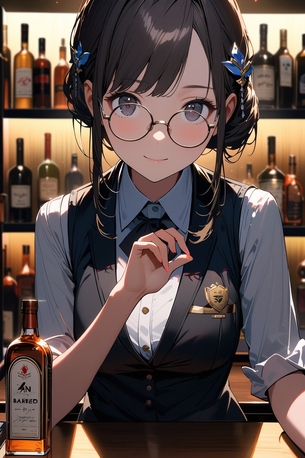 (extremely detailed fine touch:1.3), (from front shoot:1.3), upper body, girl, solo, alone, 2.5d, light smile, (((silver semi-rimless round eyewear:1.3))), bar, liquor bottle, bartender, Beautiful and detailed black eyes and face., An exquisitely crafted hair ornament., real skin glitter, pretty girl, bartender vest, rollup sleeve, neatly arranged liquor bottle, luxury label, atmospheric lighting, dark color palette,
