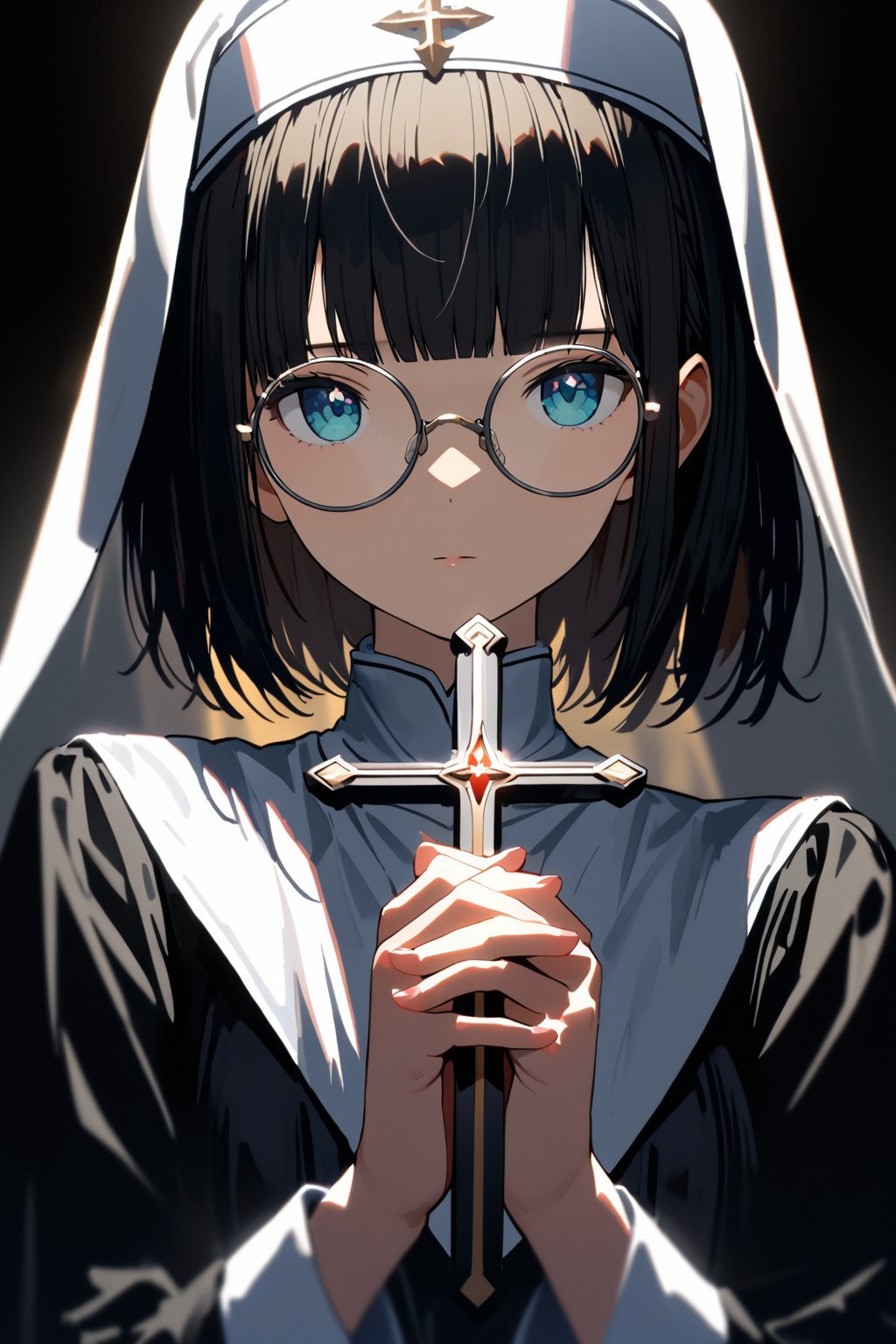 (extremely detailed fine touch:1.3), girl, solo, alone, 2.5d, (((silver semi-rimless round eyewear:1.3))), short hair, smooth hair, blunt bangs, front shot, Beautiful nun, Exquisite facial features,Meticulous portrayal,The eyes are sharply focused,Hands together,holding Beautiful cross, rim light,Glowing special effects,Pure black background
