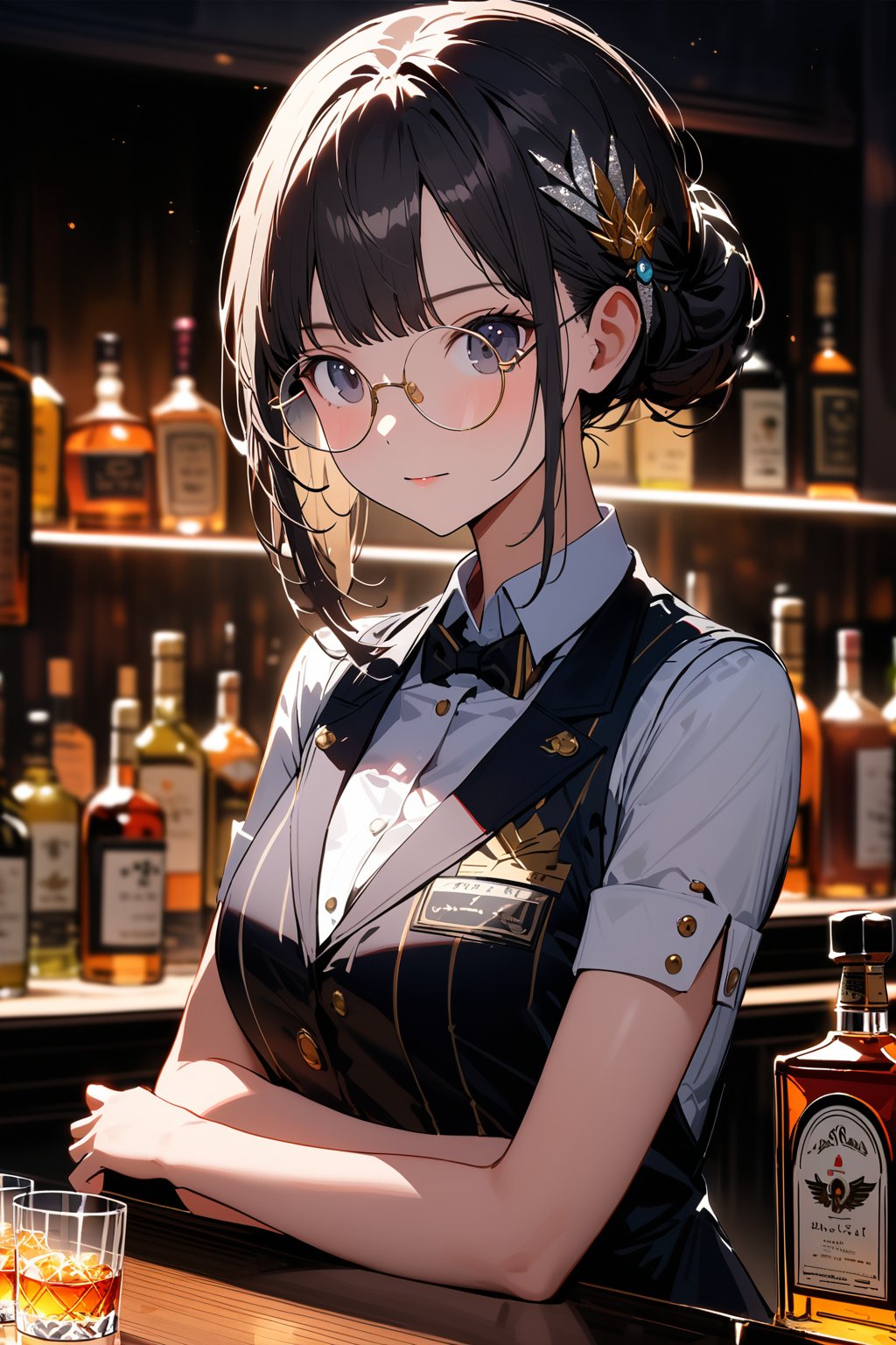 (extremely detailed fine touch:1.3), (from front shoot:1.3), upper body, girl, solo, alone, 2.5d, (((silver semi-rimless round eyewear:1.3))), bar, liquor bottle, bartender, Beautiful and detailed black eyes and face., An exquisitely crafted hair ornament., real skin glitter, pretty girl, bartender vest, rollup sleeve, neatly arranged liquor bottle, luxury label, atmospheric lighting, dark color palette,
