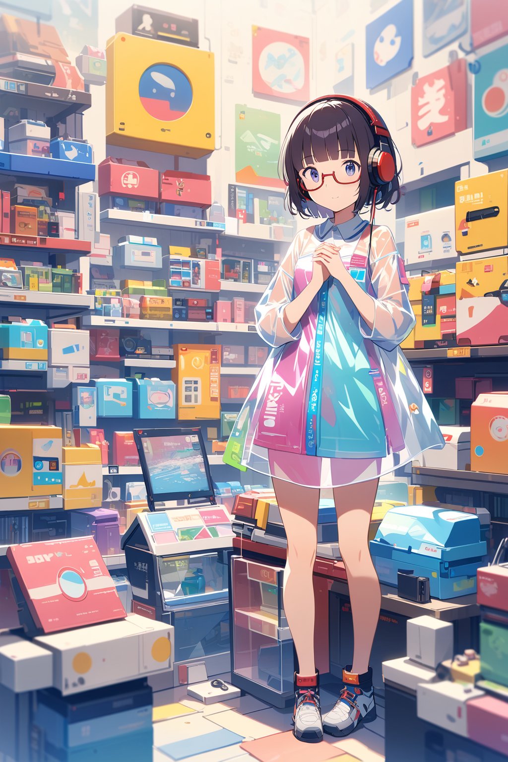 junk art, (extremely detailed fine touch:1.3), (((semi-rimless eyewear:1.3))), (headphone:1.2), short hair, blunt bangs, 1 girl, shirt, full body, own hands together, plastic, Transparent clothes, Electronics Store