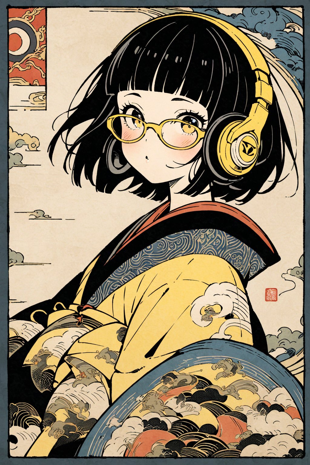 (super very black short hair:1.3), blunt bangs, (((yellow glasses:1.3))), (headphones:1.3), 
ukiyoe art, 1girl, eyelashes, blush, full_body