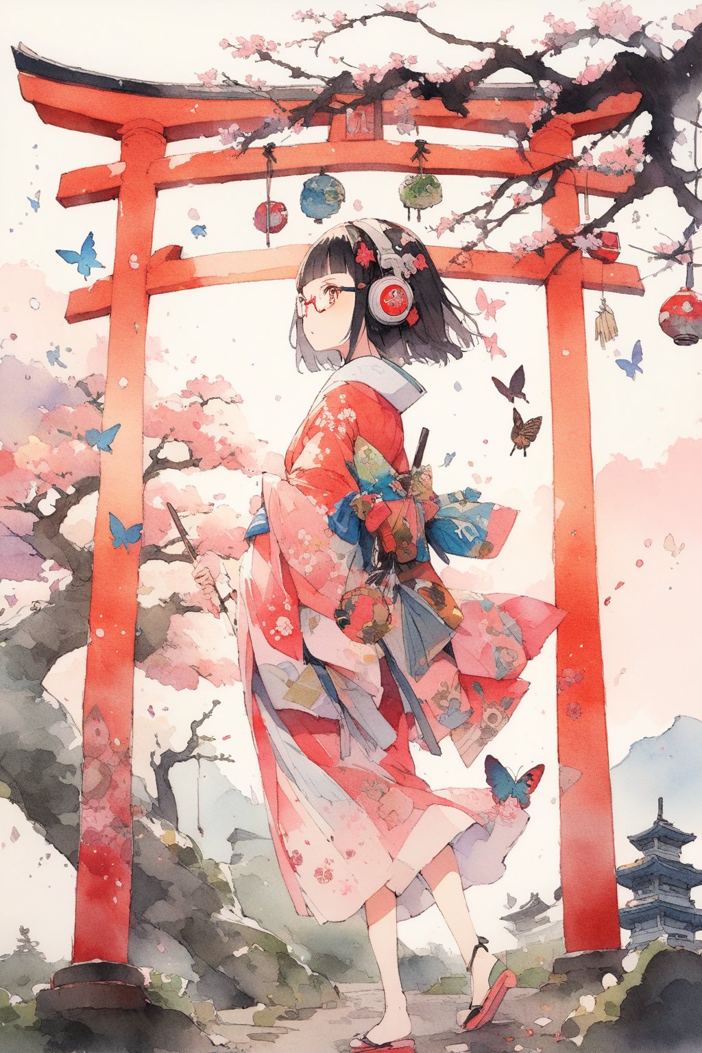 (extremely detailed fine touch:1.3),whimsical scene with bonsai, Japan, Torii, detailed girl looking back, (sexy kimono), walking in a strutting pose, with super very short hair, blunt bangs, (underrim glasses:1.3), headphones, butterflies, created using junk art elements, with repurposed materials, found objects, and a sense of resourcefulness and creativity, in watercolor, with a devastated landscape