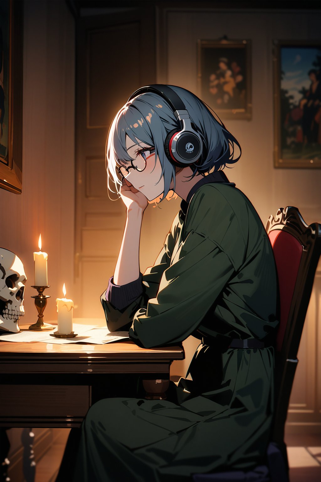  ((top-quality)), ((​masterpiece)), ((ultra-detailliert)), (extremely delicate and beautiful), solo, In a dark anime-style room, a short-haired woman wears glasses and headphones, sits on a chair, has a skull on her lap, leans her elbows and a candle on the desk, and feels the light. An image of someone looking at a candle in an inviting atmosphere.