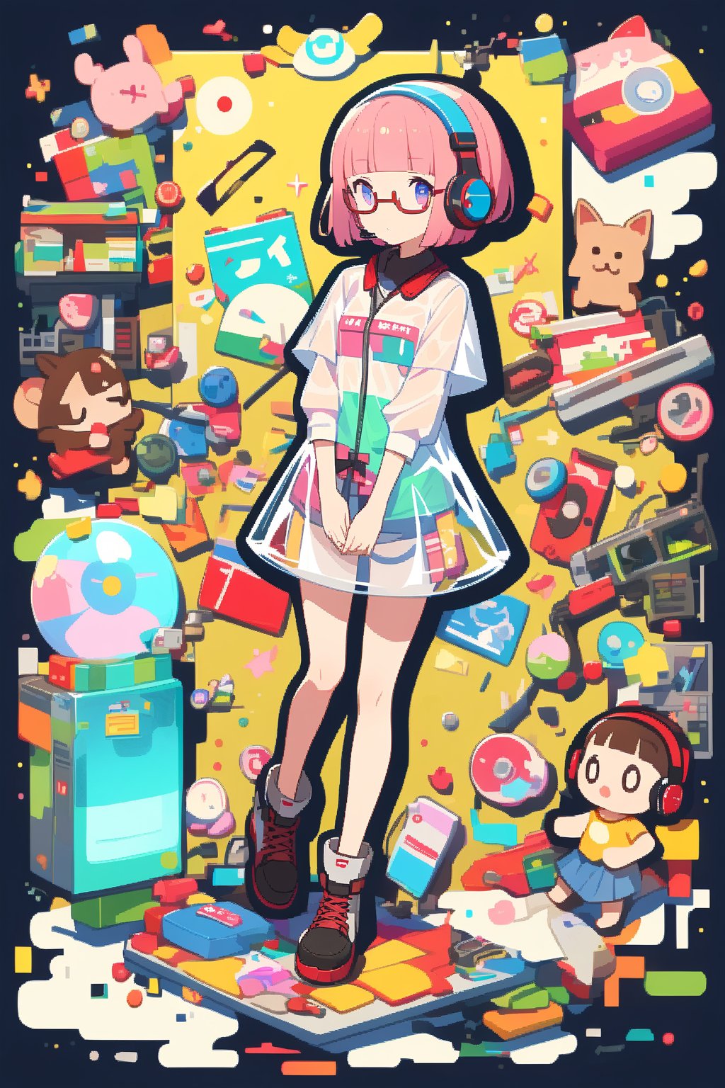 junk art, (extremely detailed fine touch:1.3), (((semi-rimless eyewear:1.3))), (headphone:1.2), short hair, blunt bangs, 1 girl, shirt, full body, own hands together, plastic, Transparent clothes,