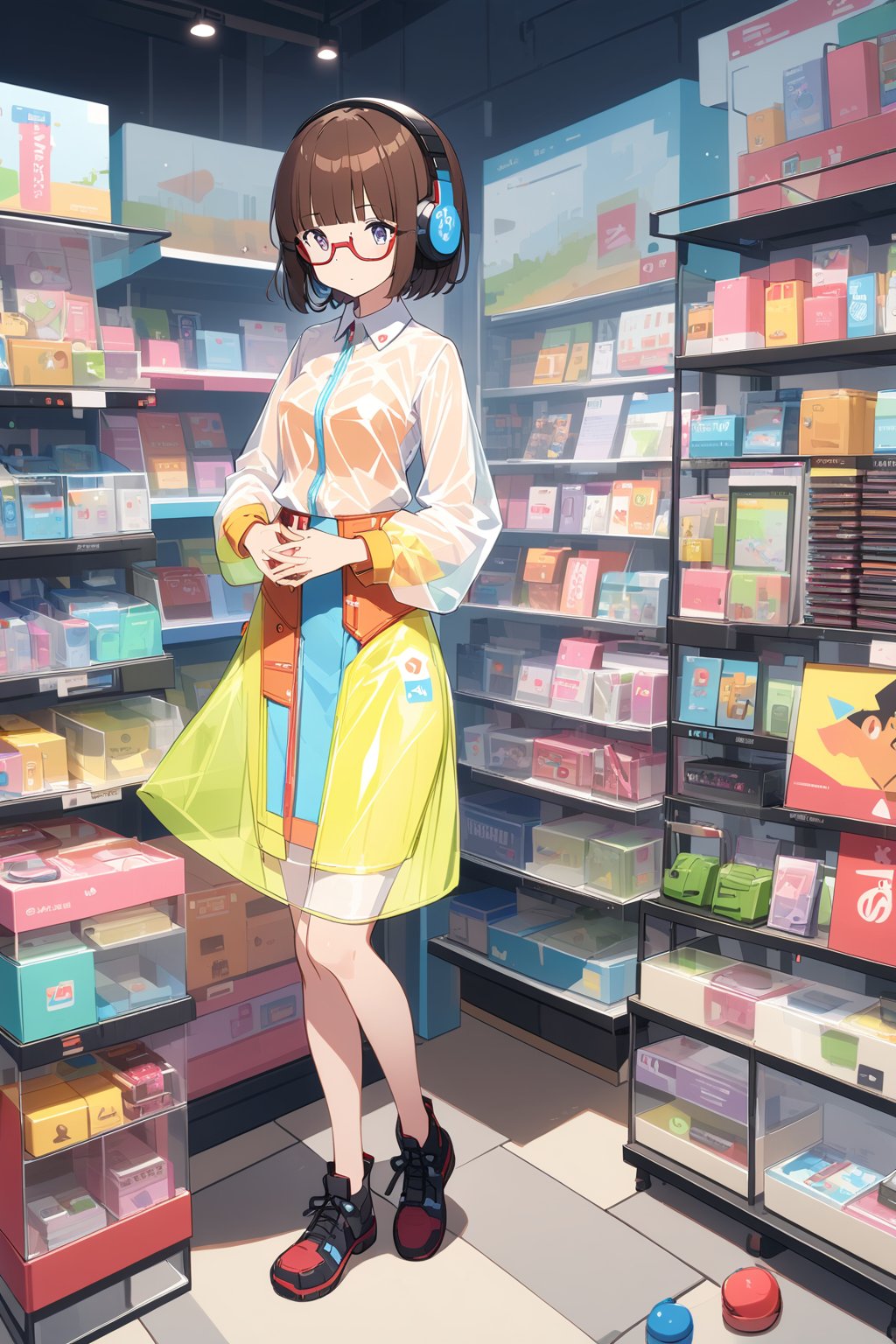 junk art, (extremely detailed fine touch:1.3), (((semi-rimless eyewear:1.3))), (headphone:1.2), short hair, blunt bangs, 1 girl, shirt, full body, own hands together, plastic, Transparent clothes, Electronics Store