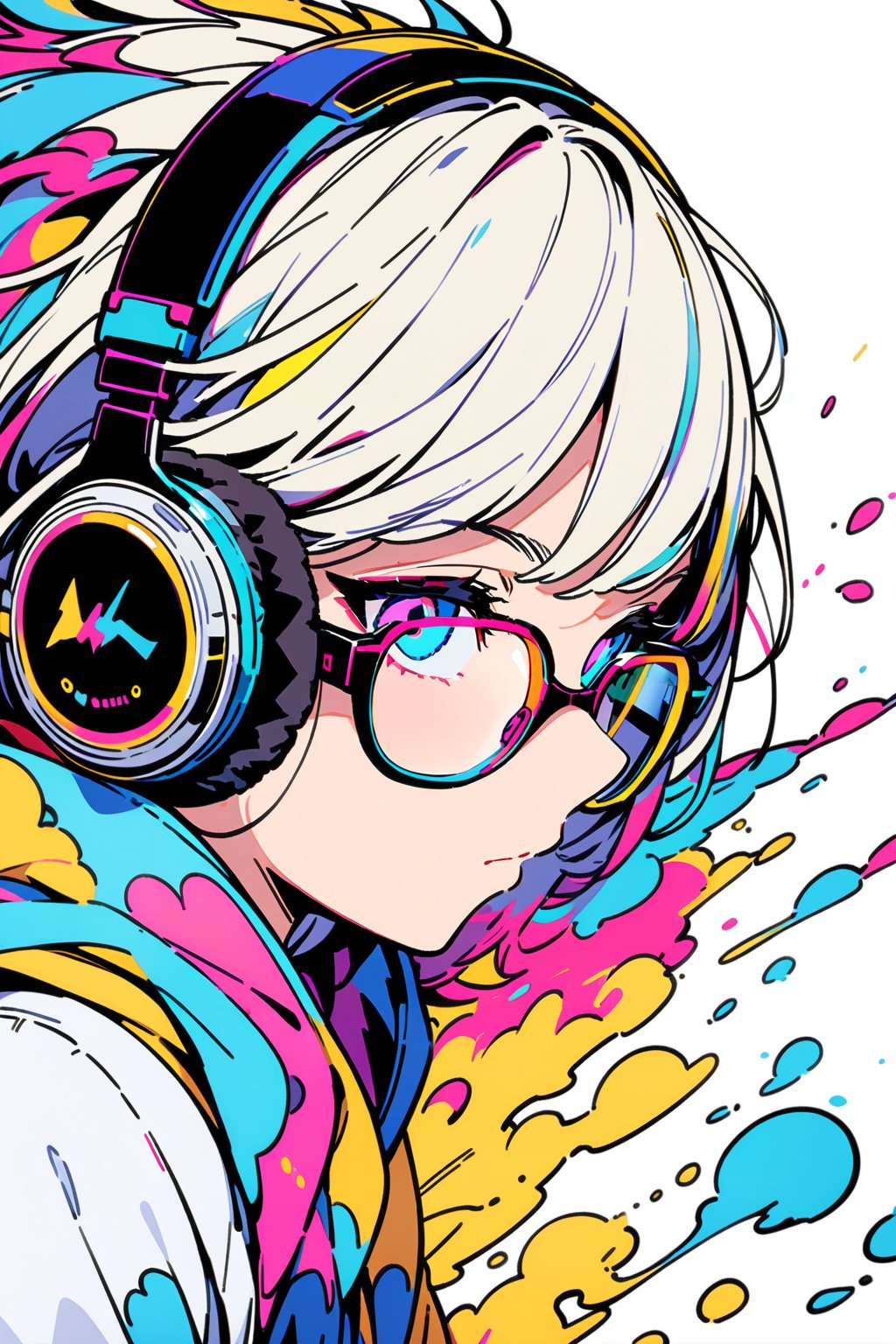 Masterpiece, best quality, Highres, 4K, extremely detailed, (((underrim glasses:1.3))), (headphones:1.0),  color splashes, line art, art, fibonacci,