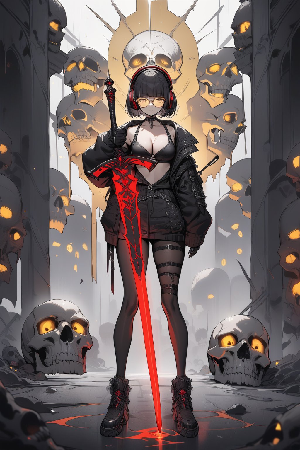 Masterpiece, best quality, extremely detailed, Gothicpunk, girl, Black and White, warrior, holding planted glowing  red Sword, (((yellow under-rimmed glasses:1.3))), short hair, blunt bangs, headphone, medium breasts, clavicle, cleavage, Standing in honor, full body, skull and crossbones background, 