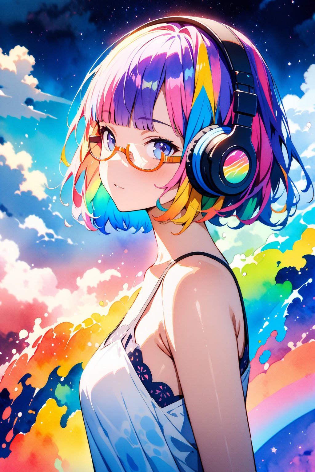 (masterpiece, top quality, best quality,watercolor (medium),official art, beautiful and aesthetic:1.2),(1girl:1.3), (fractal art:1.3),(((semi-rimless yellow eyewear:1.3))),(headphone:1.2),upper body, from side, looking at viewer,patterns,(rainbow color Hair,colorful hair,half blue and half pink hair:1.2),camisole, shiny hair, short hair, blunt bangs,lustrous skin,water,liquid, cloud,colorful, starry,stars,