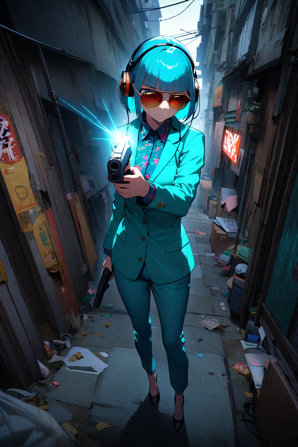 (extremely detailed fine touch:1.3), (((sunglasses:1.3))), (headphone:1.2), short hair, blunt bangs, glowing girl, solo, full body, standing, model pause, (turquoise business suit:1.3), handgun, hibiscus pattern Inner shirt, black Highheel, High detailed An empty slum district