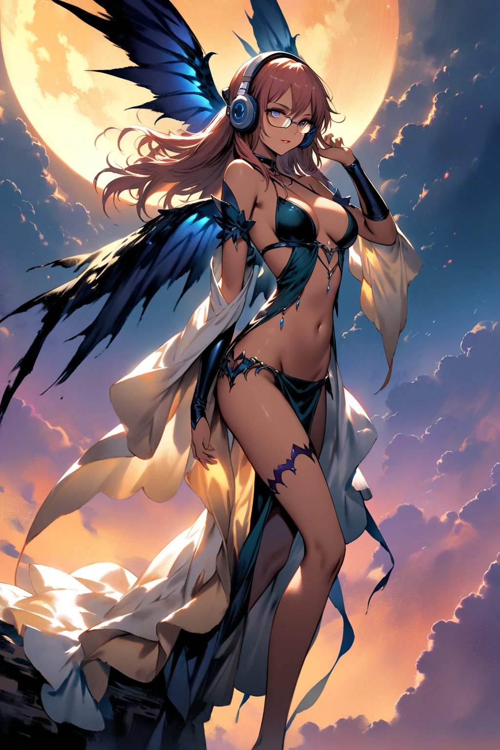 ((top-quality)), ((​masterpiece)), ((ultra-detailliert)), (extremely delicate and beautiful), detailed background, 1girl, solo,  (((yellow under-rimmed glasses:1.3))), (headphones:1.0),alluring succubus, ethereal beauty, perched on a cloud, (fantasy illustration:1.3), enchanting gaze, captivating pose, delicate wings, otherworldly charm, mystical sky, (Luis Royo:1.2), (Yoshitaka Amano:1.1), moonlit night, soft colors, (detailed cloudscape:1.3), (high-resolution:1.2)