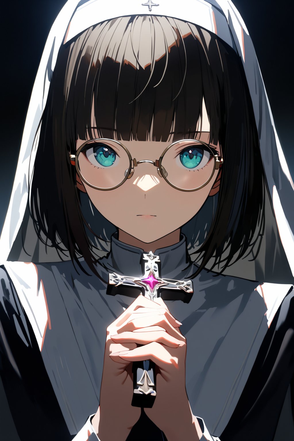 (extremely detailed fine touch:1.3), girl, solo, alone, 2.5d, (((silver semi-rimless round eyewear:1.3))), short hair, smooth hair, blunt bangs, front shot, Beautiful nun, Exquisite facial features,Meticulous portrayal,The eyes are sharply focused,Hands together,holding Beautiful cross, rim light,Glowing special effects, mist of lightPure black background
