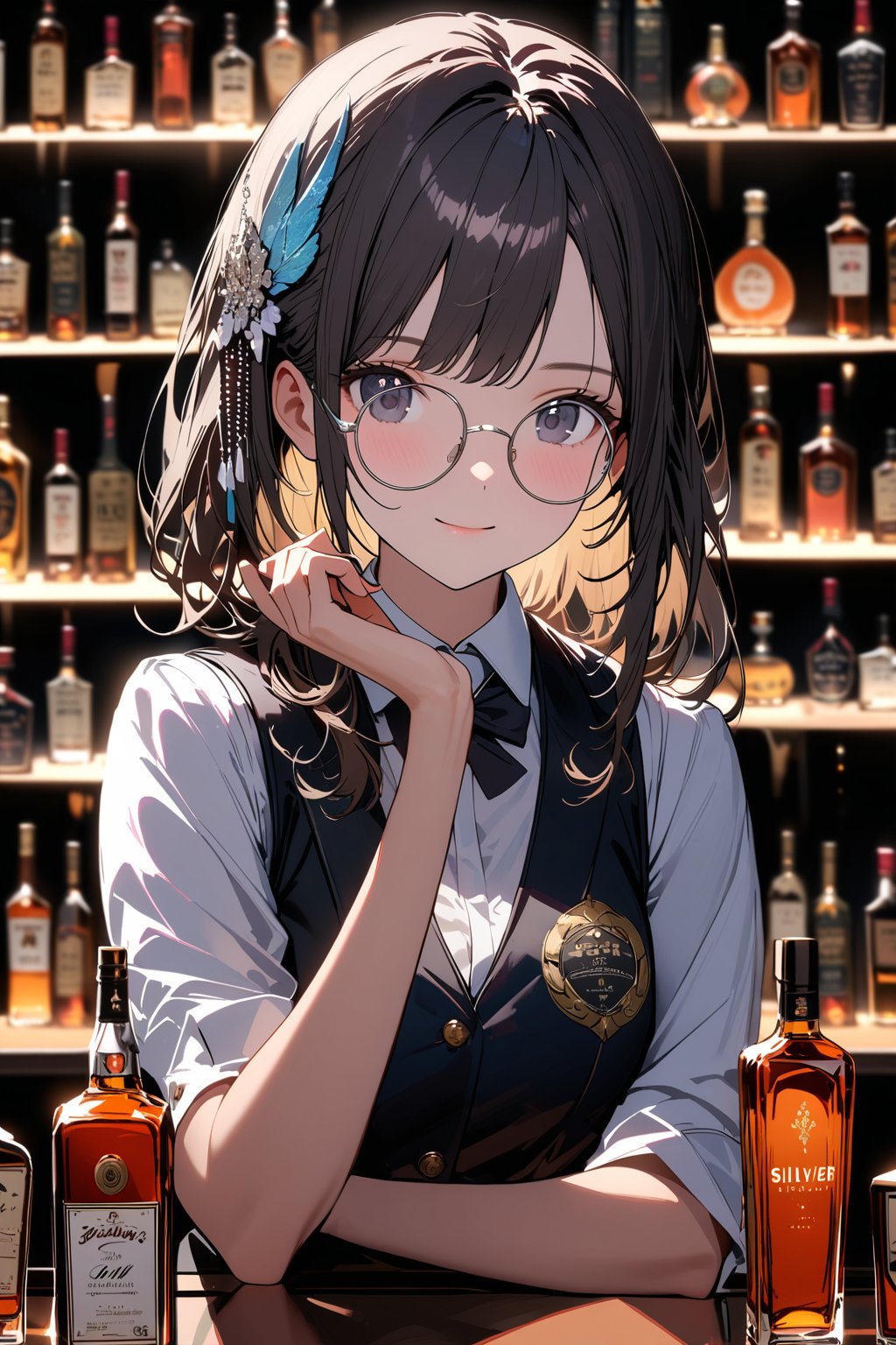 (extremely detailed fine touch:1.3), (from front shoot:1.3), upper body, girl, solo, alone, 2.5d, light smile, (((silver semi-rimless round eyewear:1.3))), bar, liquor bottle, bartender, Beautiful and detailed black eyes and face., An exquisitely crafted hair ornament., real skin glitter, pretty girl, bartender vest, rollup sleeve, neatly arranged liquor bottle, luxury label, atmospheric lighting, dark color palette,
