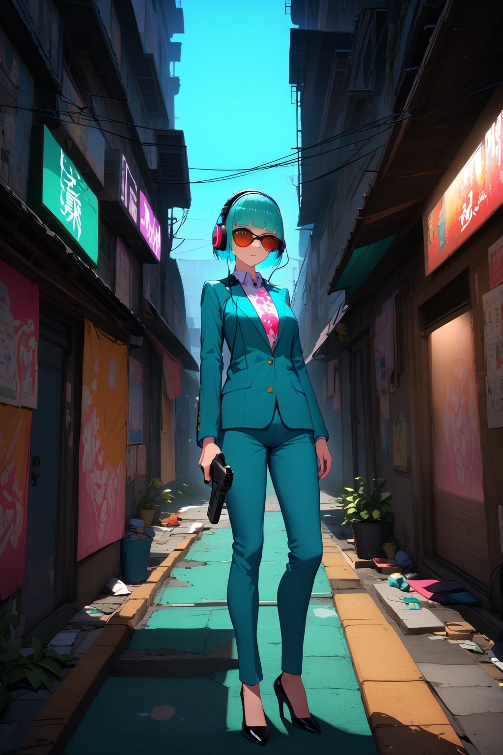 (extremely detailed fine touch:1.3), (((sunglasses:1.3))), (headphone:1.2), short hair, blunt bangs, glowing girl, solo, full body, standing, model pause, (turquoise business suit:1.3), handgun, hibiscus pattern Inner shirt, black Highheel, High detailed An empty slum district