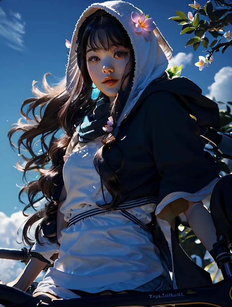 a cute korean girl large-eyed girl, bangs, long wavy hair, lying down, 
see through dress, sky, shorts, day, sword, cloud, hood, two-tone hair, blue sky, headphones, bike shorts, science fiction, orchid flowers, petals, 
octane rendering, ray tracing, 3d rendering, masterpiece, best Quality, Tyndall effect, good composition, highly details, warm soft light, three-dimensional lighting, volume lighting, Film light,