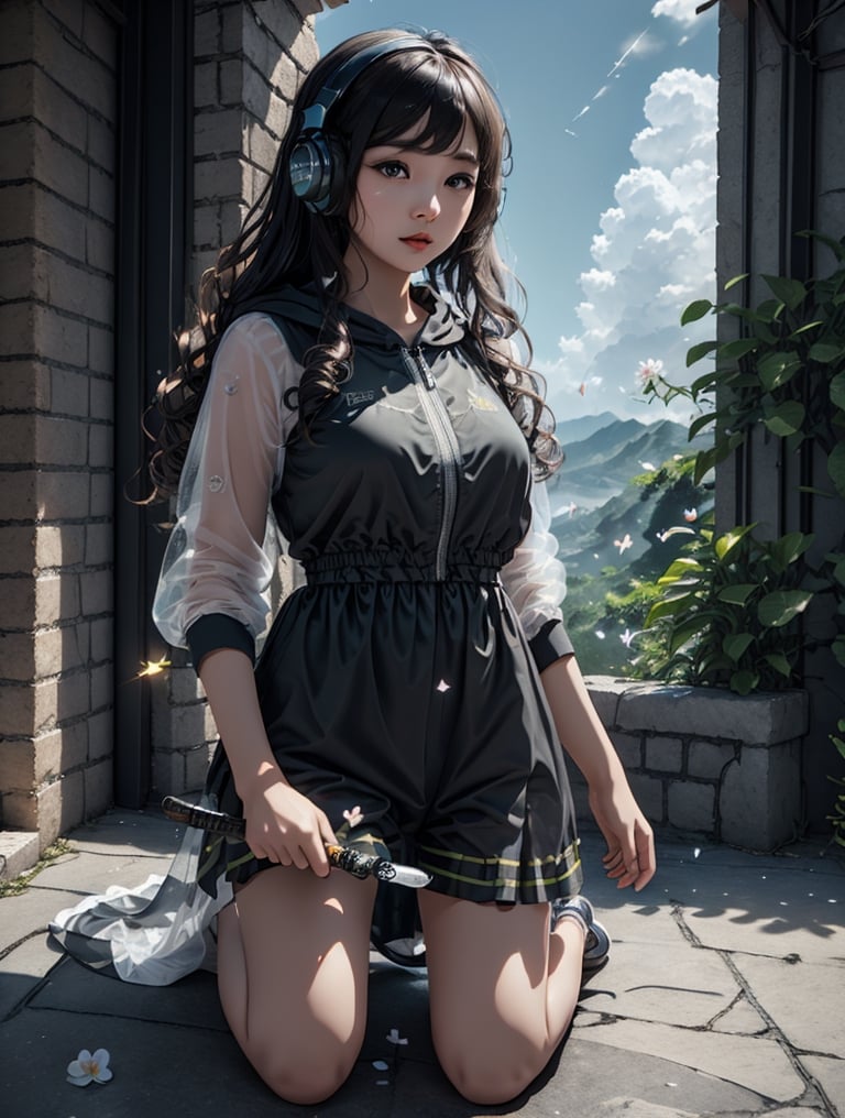 a cute korean girl large-eyed girl, bangs, long wavy hair, kneel down, 
see through dress, sky, shorts, day, sword, cloud, hood, two-tone hair, blue sky, headphones, bike shorts, science fiction, orchid flowers, petals, 
octane rendering, ray tracing, 3d rendering, masterpiece, best Quality, Tyndall effect, good composition, highly details, warm soft light, three-dimensional lighting, volume lighting, Film light,