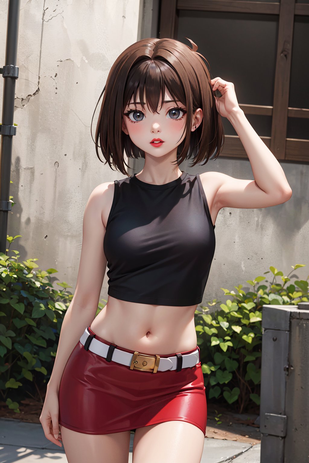 masterpiece, best quality, highres, aamazaki, (antenna hair:1.2), medium breasts, black t-shirt, sleeveless,  navel, red mini pencil skirt, thighs, (Dungeon background), white belt, standing, outdoors, puckered lips,  red lips, looking at viewer 