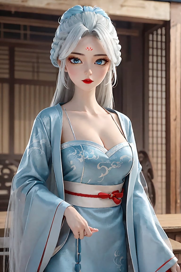 best quality,Highly detailed,masterpiece,Professional,1girl,solo,hanfu,forehead mark,white hair,long hair,facial mark,chinese clothes,hair ornament,looking at viewer,blue eyes,long sleeves,dress,slight red lips, puckered lips, breasts,wide sleeves,sash,braid, Cleavage 