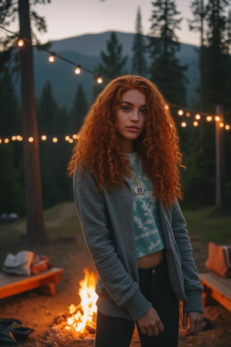 Generate an image of a stunning 18-year-old woman, blending White and Spanish heritage, Italian brown, puerto Rican brown. She has short, shoulder length, strawberry blonde, ginger, natural, beautiful soft tyle 2C wavy hair, lush and vibrant, falling in loose waves down her back.

Setting:
- Outdoor: A serene mountain campsite at dusk, mountain view
- Soft, warm lighting with subtle shadows and twinkling string lights
- Tall trees surrounding a cozy clearing, with a crackling campfire and rustic wooden benches
- Camping gear and equipment subtly integrated into the scene

Physical Description:
- Fair skin with a subtle, sun-kissed glow
- Bright, expressive blue eyes
- Petite, thin,

Outfit:
- Comfortable, water-toned camping shirt (flannel or fleece)
- Practical mountain pants or leggings
- Warm, cozy cardigan
- Sturdy mountain boots

Style:
-Effortless, coastal chic
- Confident, carefree, innocent pose

Mood:
- Serene, joyful, and radiant
- Capturing the essence of a relaxed summer afternoon
Inspired by singer Tyla's vibrant energy and style, create a breathtaking image that embodies beauty, elegance, and a laid-back coastal vibe.