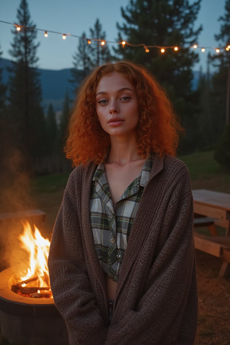 Generate an image of a stunning 18-year-old woman, blending White and Spanish heritage. She has short, shoulder length, strawberry blonde, ginger, natural, Ed sheerans hair, curly, wavy hair, lush and vibrant, falling in loose waves down her back.

Setting:
- Outdoor: A serene mountain campsite at dusk, mountain view
- Soft, warm lighting with subtle shadows and twinkling string lights
- Tall trees surrounding a cozy clearing, with a crackling campfire and rustic wooden benches
- Camping gear and equipment subtly integrated into the scene

Physical Description:
- Fair skin with a subtle, sun-kissed glow
- Bright, expressive blue eyes
- Petite, thin,
- Smiling

Outfit:
- Comfortable, water-toned camping shirt (flannel or fleece)
- Practical hiking pants or leggings
- Warm, cozy cardigan 
- Sturdy hiking boots

Style:
-Effortless, coastal chic
- Confident, carefree, innocent pose

Mood:
- Serene, joyful, and radiant
- Capturing the essence of a relaxed summer afternoon
Inspired by singer Tyla's vibrant energy and style, create a breathtaking image that embodies beauty, elegance, and a laid-back coastal vibe.