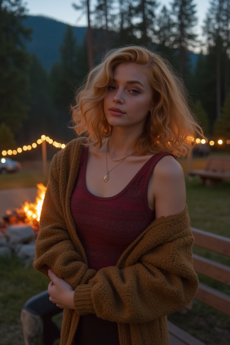 Generate an image of a stunning 18-year-old woman, blending White and Spanish heritage. She has short, shoulder length, strawberry blonde, ginger, natural, wavy hair, resembling Ed sheerans hair. lush and vibrant, falling in loose waves down her back.

Setting:
- Outdoor: A serene mountain campsite at dusk, mountain view
- Soft, warm lighting with subtle shadows and twinkling string lights
- Tall trees surrounding a cozy clearing, with a crackling campfire and rustic wooden benches
- Camping gear and equipment subtly integrated into the scene

Physical Description:
- Fair skin with a subtle, sun-kissed glow
- Bright, expressive blue eyes
- Petite, thin,

Outfit:
- Comfortable, earth-toned camping shirt (flannel or fleece)
- Practical hiking pants or leggings
- Warm, cozy cardigan
- Sturdy hiking boots

Style:
-Effortless, coastal chic
- Confident, carefree, innocent pose

Mood:
- Serene, joyful, and radiant
- Capturing the essence of a relaxed summer afternoon
Inspired by singer Tyla's vibrant energy and style, create a breathtaking image that embodies beauty, elegance, and a laid-back coastal vibe.