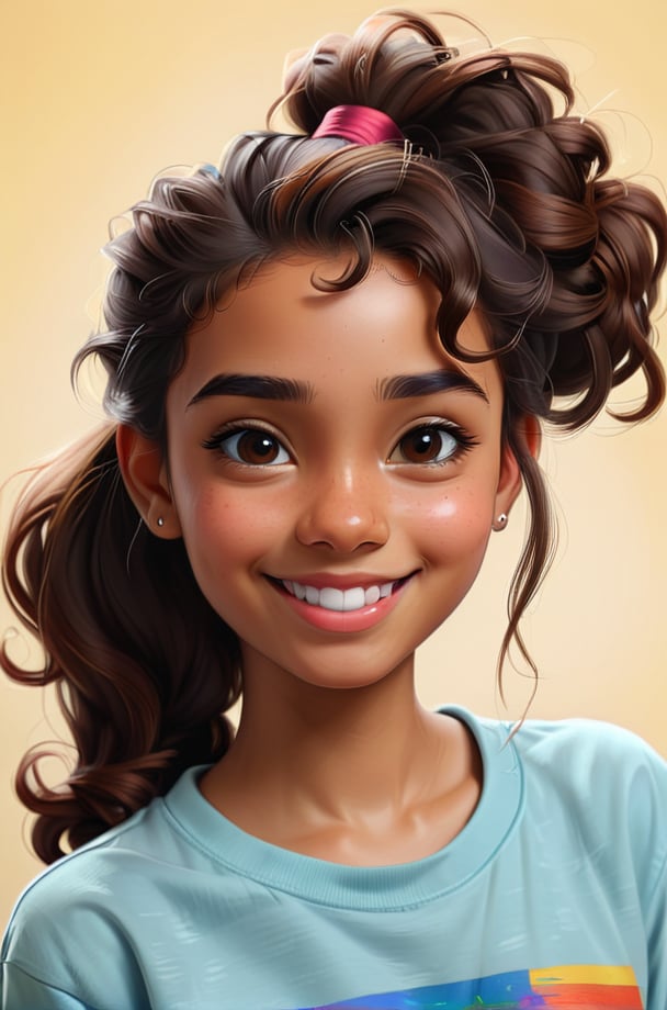 Clean Cartoon-brushstrokes Painting, crisp, simple, colored_lineart_illustration style, 1 woman, subtle smiling, (21 years old), real, realistic, realism, Puerto Rican female, boricua, from the Bronx, brown skin, dark skin, mixed girl, Spanish girl, hazel eyes, type 3 hair, dark brown hair, curly hair, long hair, ponytail,  no make up, tom boy, dimples, rough, gay, lesbian, happy, young, vibrant, adorable, slender/petite body shape, normal size head, head that fits body, high quality, masterpiece ,3D