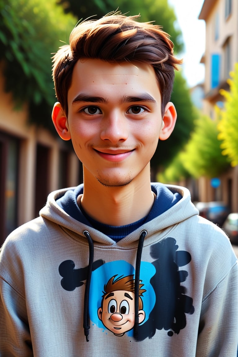 Clean Cartoon-brushstrokes Painting, crisp, simple, colored_lineart_illustration style, 1 boy, (21 years old), light skin, white, Italian brown, realism, cool, Nonchalant, full body, t-shirt, clothes, sweater, pull over, hoodie, chad, chizzled, bad boy, rebellious, Instagram, selfie, smiling, , handsome, quirky, innocent, masculine, hard, innocent, whimsical, happy, young, vibrant, cute, straight face, smooth forehead, slender/slim body shape, 1 Adam’s apple, normal size head, head that fits body, high quality, masterpiece ,3D