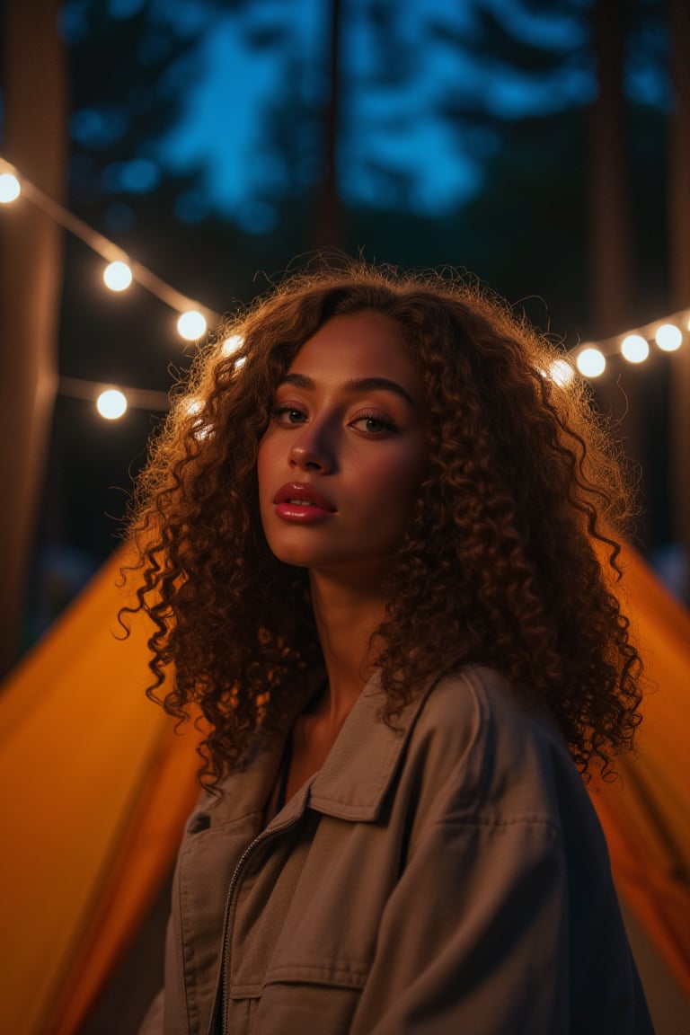 Generate an image of a stunning 18-year-old petite teenager, young, youth, child, kid, blending Cuban  and Spanish heritage. She has fluffy curly brown curls, Type 3 hair, lush and vibrant, falling in loose waves down her back.

Setting:
- Outdoor: A serene forest campsite with a tent at night with stars
- Soft, warm lighting with subtle shadows and twinkling string lights
- Tall trees surrounding a cozy clearing, with a crackling campfire and rustic wooden benches
- Camping gear and equipment subtly integrated into the scene

Physical Description:
- Fair skin with a subtle, sun-kissed glow
- Bright, expressive blue eyes
- petite, slim, 

Outfit:
- Comfortable, geode earth-toned camping shirt (flannel or fleece)
- Practical hiking pants or leggings
- Warm, cozy camping jacket or hoodie
- Sturdy hiking boots

Style:
-Effortless, coastal chic
- Confident, carefree, innocent pose

Mood:
- Serene, joyful, and radiant
- Capturing the essence of a relaxed summer afternoon
Inspired by singer Tyla's vibrant energy and style, create a breathtaking image that embodies beauty, elegance, and a laid-back coastal vibe.