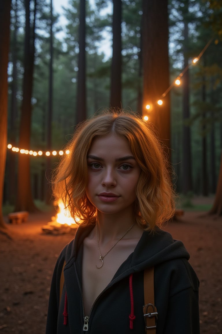 Generate an image of a stunning 18-year-old woman, blending White and Spanish heritage. She has short strawberry blonde wavy hair, lush and vibrant, falling in loose waves down her back.

Setting:
- Outdoor: A serene forest campsite at dusk
- Soft, warm lighting with subtle shadows and twinkling string lights
- Tall trees surrounding a cozy clearing, with a crackling campfire and rustic wooden benches
- Camping gear and equipment subtly integrated into the scene

Physical Description:
- Fair skin with a subtle, sun-kissed glow
- Bright, expressive hazel eyes

Outfit:
- Comfortable, earth-toned camping shirt (flannel or fleece)
- Practical hiking pants or leggings
- Warm, cozy camping jacket or hoodie
- Sturdy hiking boots

Style:
-Effortless, coastal chic
- Confident, carefree, innocent pose

Mood:
- Serene, joyful, and radiant
- Capturing the essence of a relaxed summer afternoon
Inspired by singer Tyla's vibrant energy and style, create a breathtaking image that embodies beauty, elegance, and a laid-back coastal vibe.