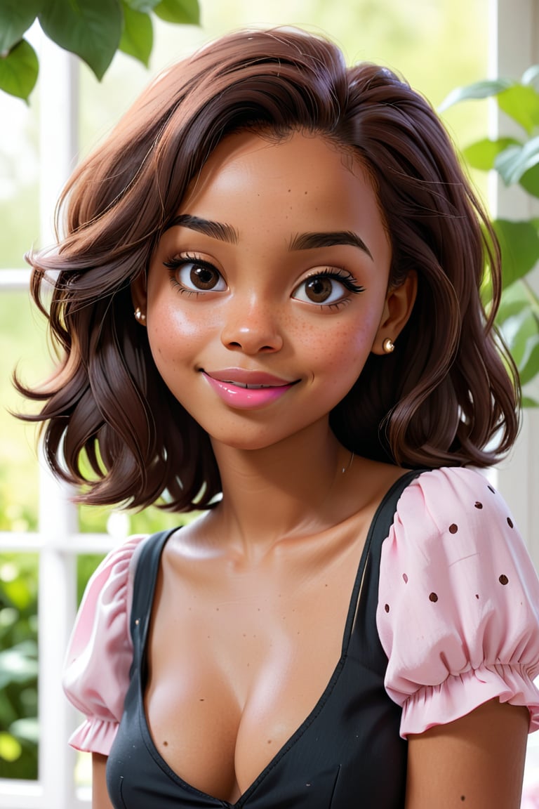 Clean Cartoon-brushstrokes Painting, crisp, simple, colored_lineart_illustration style, 1 woman, (21 years old), realism, realistic, real, melanated female, black girl, light skin brown, brown skin, dark skin, chocolate girl, type 4 hair, brown hair, straight hair, short hair, realism, bedroom_eyes, backyard, outside, smiling, clothes, cleavage cutout, cleavage, B cup size, small breast, model, pose, posing, photography, studio Instagram, fully clothed, fully dressed, black outfit, beautiful, quirky, dimples, flirtatious, innocent, promiscuous, feminine, soft, soft make up, light pink lips, mascara, innocent, freckles, whimsical, happy, young, vibrant, adorable, slender/petite body shape, normal size head, head that fits body, high quality, masterpiece ,3D