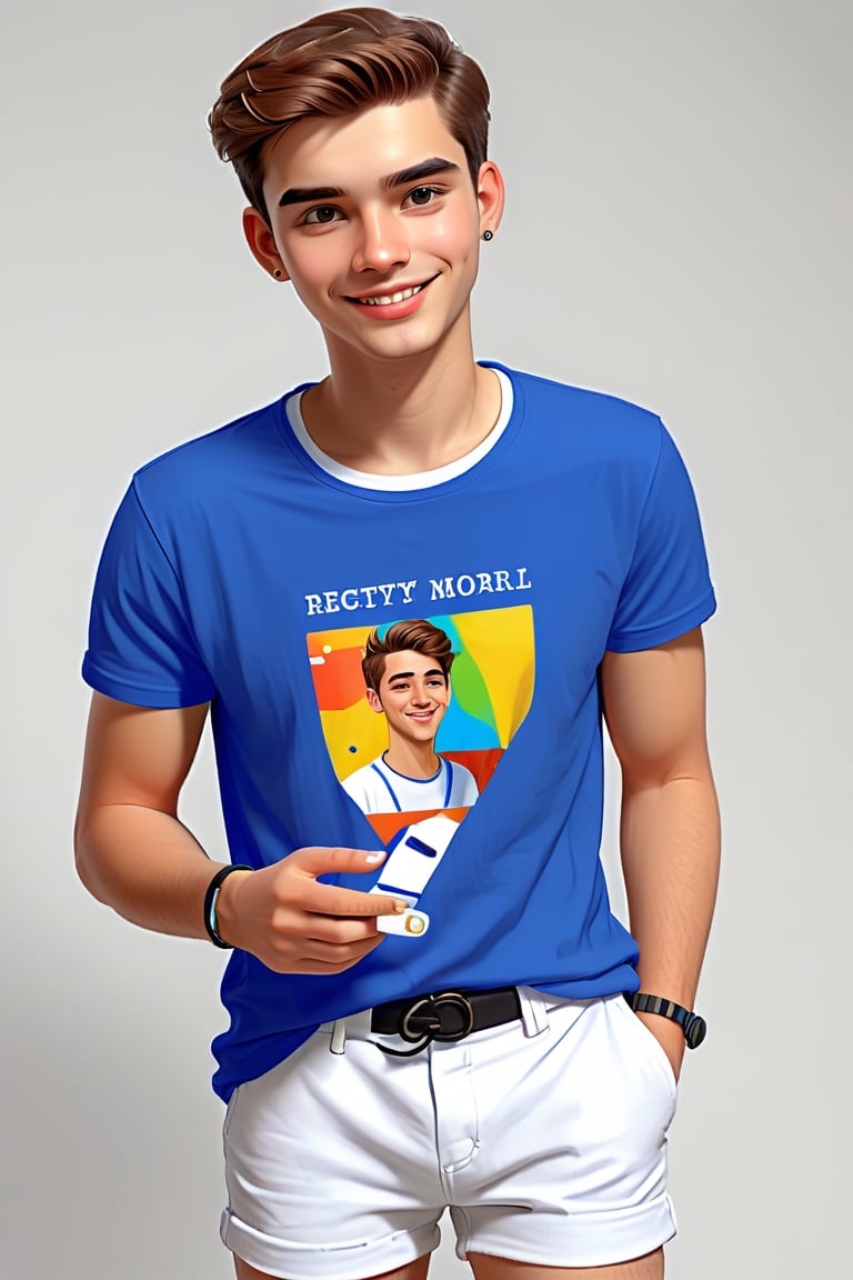 Clean Cartoon-brushstrokes Painting, crisp, simple, colored_lineart_illustration style, 1 boy, (21 years old), light skin, white, Italian brown, realism, cool, Nonchalant, full body, t-shirt, clothes, male model, pose, posing, photography, Instagram, selfie, smiling, , handsome, quirky, innocent, masculine, hard, innocent, whimsical, happy, young, vibrant, cute, slender/skinny body shape, normal size head, head that fits body, high quality, masterpiece ,3D