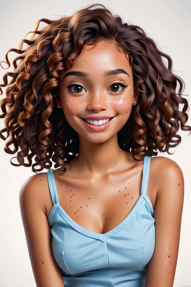 Clean Cartoon-brushstrokes Painting, crisp, simple, colored_lineart_illustration style, 1 woman, (21 years old), melanated female, brown skin, dark skin, milk chocolate girl, type 4 hair, curly hair, realism, smiling, v-neck shirt, cleavage cutout, cleavage, B cup size, small breast, quirky, dimples, innocent, feminine, soft, freckles, whimsical, young, vibrant, adorable, slender/petite body shape, normal size head, head that fits body, high quality, masterpiece ,3D, square head, square face, boxy head, boxy face, longer head, long head, structured jaw, profound jawline, 