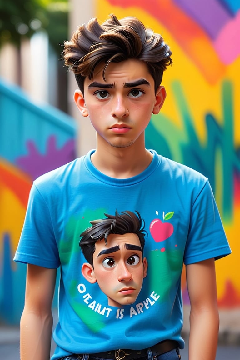 Here's a prompt for the image:

Vibrant cartoon- brushstrokes illustration of a 21-year-old Italian boy with light skin and a nonchalant expression. He stands confidently in front of a blurred background, wearing a fitted t-shirt and slim-fitting jeans over his athletic build. His strong features, including a prominent Adam's apple, are accentuated by a straight face, giving off a I don't care vibe. The composition is playful, with bold lines and bright colors, as if plucked from an Instagram selfie. The overall effect is athletic, whimsical, bad boy, and effortlessly cool.