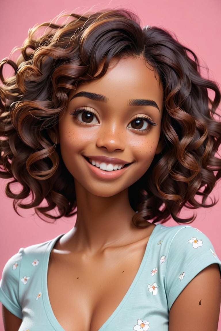 Clean Cartoon-brushstrokes Painting, crisp, simple, colored_lineart_illustration style, 1 girl, 3d cartoon, 3d, cartoon realism, realistic, realism, smiling , (21 years old), melanated female, brown skin, darker skin, black American chocolate skin, chocolate girl, milk chocolate skin, brown skin and cheek freckles, edges, type 4 hair, curly hair, medium hair, boxy triangle face, break girl, square head, square face, square forehead, boxy head, slim chin, petite plump lips, rosey cheeks with freckles, realism, v-neck shirt, cleavage cutout, cleavage, B cup size, small breast, medium density, short hair, square chin, long head, long face, slinder face, petite face, slim face, sunken in cheeks, profound jaw line, line in jaw, structured jaw, deep Jaw line, defined jaw line, cheekbones, feminine face, brown on brown hair, quirky, dimples, innocent, feminine, soft, facial freckles, freckles on face, whimsical, young, vibrant, adorable, slender/petite body shape, normal size head, head that fits body, high quality, masterpiece ,3D