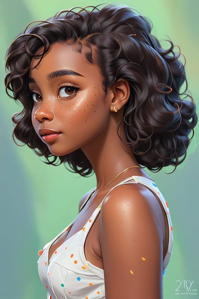 Clean Cartoon-brushstrokes Painting, crisp, simple, colored_lineart_illustration style, 1 woman, (21 years old), melanated female, brown skin, dark skin, type 4 hair, curly hair, realism, back side profile, back side of body, bak dorso, profile, 180 degree turn. back of head, whole body facing  back side, mugshot, v-neck shirt, dimples, innocent, feminine, soft, freckles, whimsical, young, vibrant, adorable, slender/petite body shape, normal size head, head that fits body, high quality, masterpiece ,3D