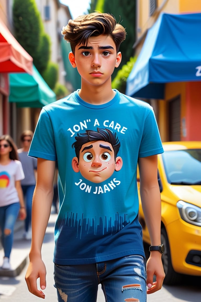 Here's a prompt for the image:

Vibrant cartoon- brushstrokes illustration of a 21-year-old Italian boy with light skin and a nonchalant expression. He stands confidently in front of a blurred background, wearing a fitted t-shirt and slim-fitting jeans over his athletic build. His strong features, including a prominent Adam's apple, are accentuated by a straight face, giving off a I don't care vibe. The composition is playful, with bold lines and bright colors, as if plucked from an Instagram selfie. The overall effect is athletic, whimsical, bad boy, and effortlessly cool.